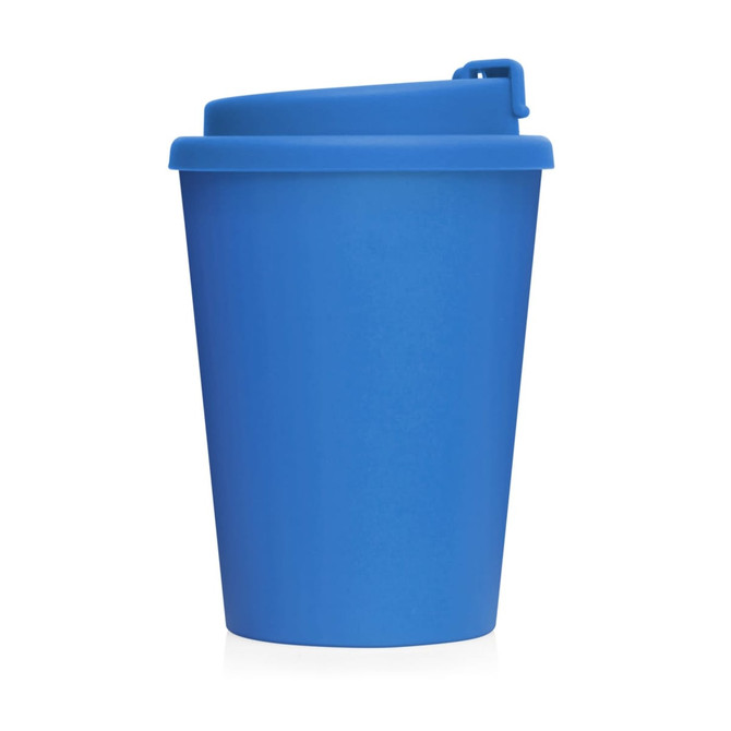 A blue double-walled coffee cup with a lid, designed for takeaway beverages. Features a logo on the surface.