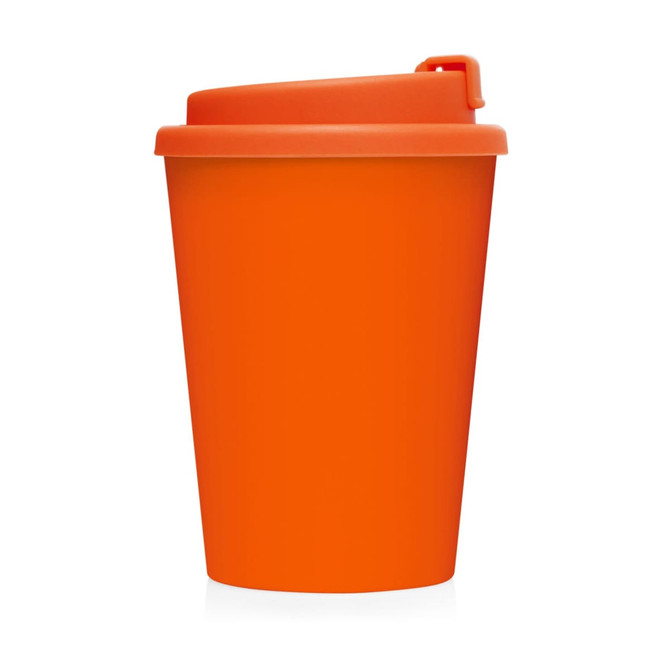An orange double wall cup with a matching lid, designed for on-the-go beverages.