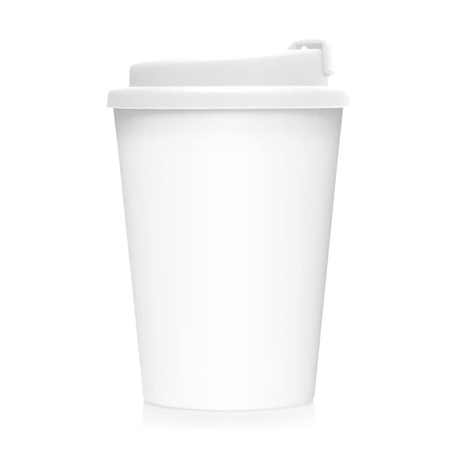 A drink bottle featuring a white double-walled design with a secure lid. It has a logo on the surface.