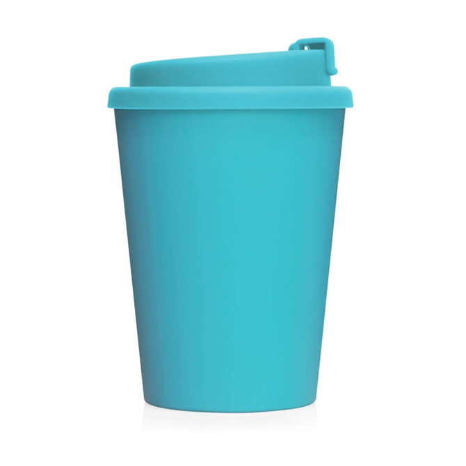 A drink bottle in a vibrant turquoise colour with a removable lid and double wall design. It features a logo.