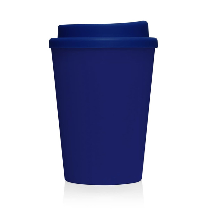 A drink bottle in navy blue, featuring a double wall design and a matching lid. Includes a logo.