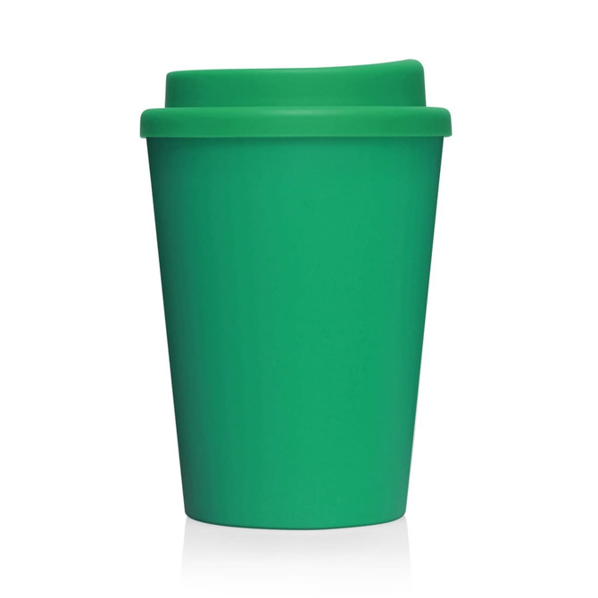 A green Eco Coffee Cup with a plastic double wall design, featuring a matching lid and no visible branding.
