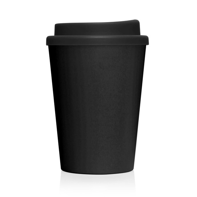 A drink bottle featuring a sleek black design with a plastic double wall and a lid. It includes a logo.