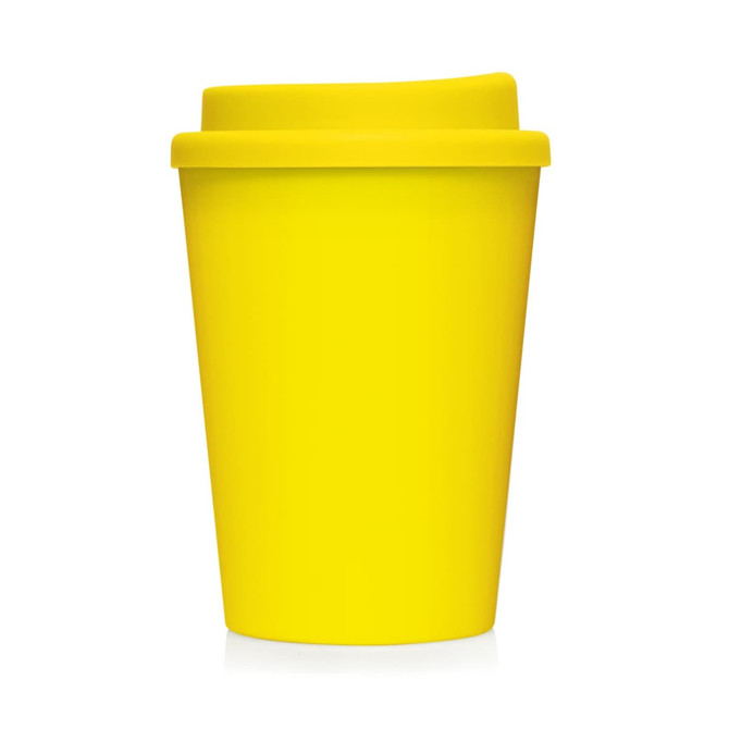 A yellow double-walled coffee cup with a lid, designed for portability, featuring a simple logo.
