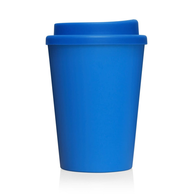 A blue double wall coffee cup with a lid, designed for on-the-go beverages, featuring a logo.
