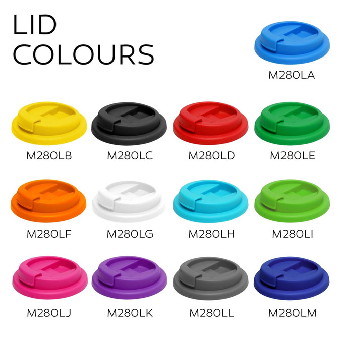 Various coloured lids for a reusable drink cup, including red, black, purple, blue, white, and green.