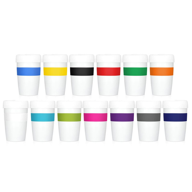 A set of eco-friendly stainless double wall coffee cups in various colours, each with a white body and a coloured band.