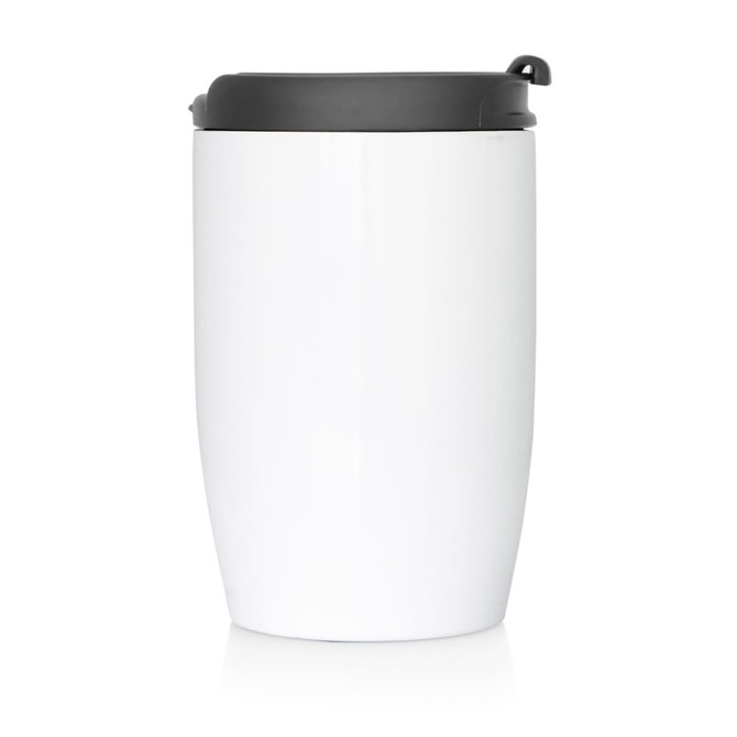 A drink bottle featuring a white stainless steel body and a dark grey lid, with a logo on the side.