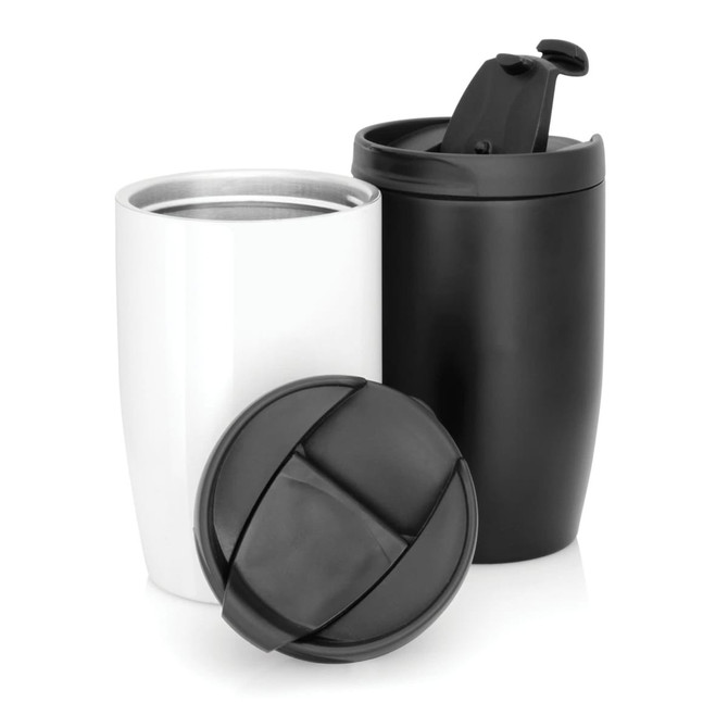 A drink bottle featuring a stainless steel interior, surrounded by a black and white double wall design with a lid.