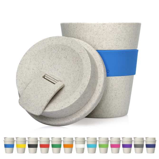 A drink bottle in a light beige colour with a blue lid and band, featuring a variety of other colours below.