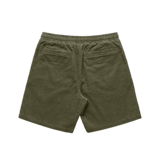 Cord shorts in olive green featuring a relaxed fit and elastic waistband, with two back pockets.