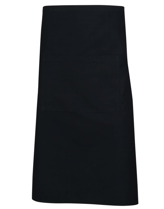 A black short waist apron with a front pocket and a simple design. It features a logo on the fabric.
