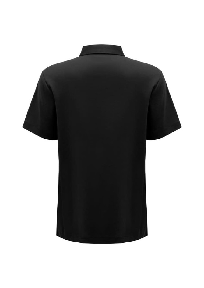 A black short sleeve polo shirt with a collar and a logo on the back.