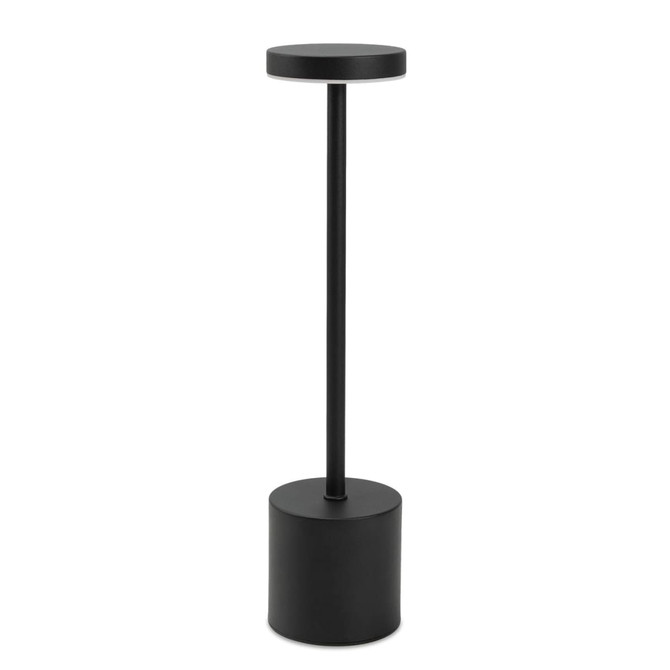 A black rechargeable table lamp with a cylindrical base and a flat, circular top. It features a simple, modern design.