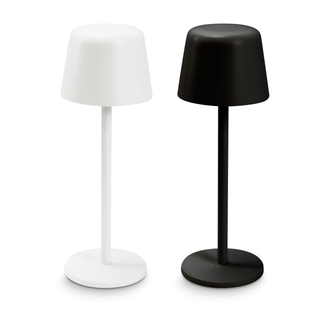 Rechargeable table lamps in white and black, featuring a simple, modern design with a round base.