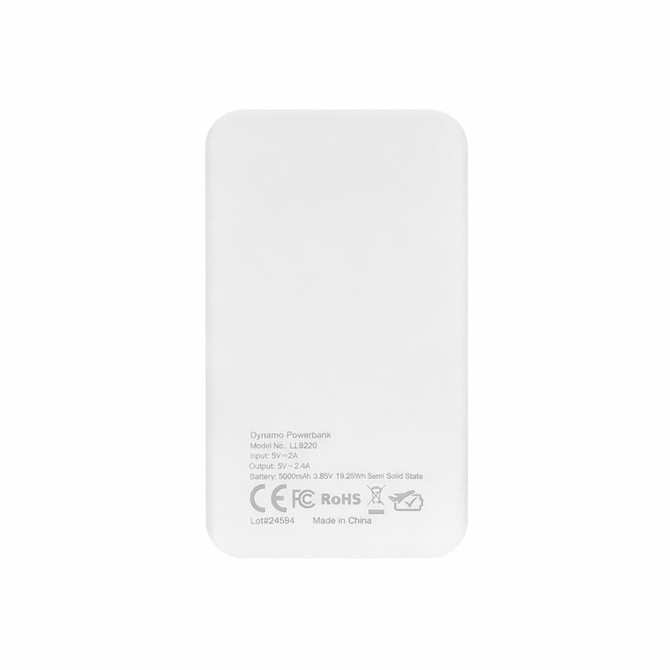 A white power bank with a smooth finish, featuring a logo and specifications printed on one side.