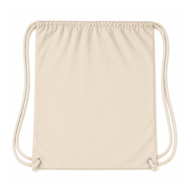 A drawstring backpack in a light beige colour with matching drawstrings and a logo.