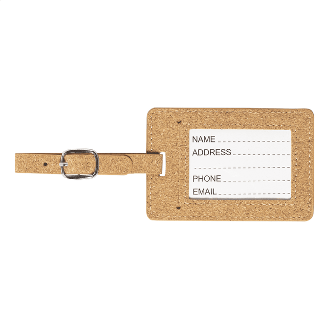 A cork luggage tag in a natural brown colour with a metal buckle, featuring a white label for personal details.