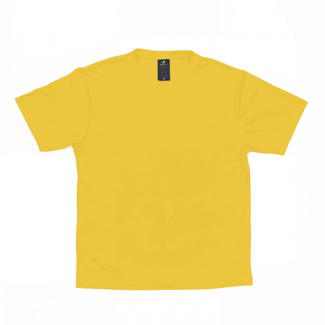 A yellow t-shirt with a round neckline and short sleeves, featuring a logo on the back near the neck.