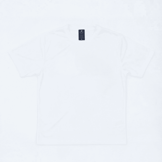 A plain white T-shirt with a logo on the label, featuring short sleeves and a crew neck.