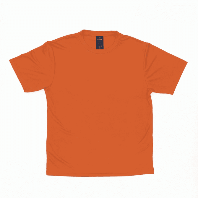 An orange short-sleeve t-shirt with a label and a plain design, featuring a logo on the inner tag.