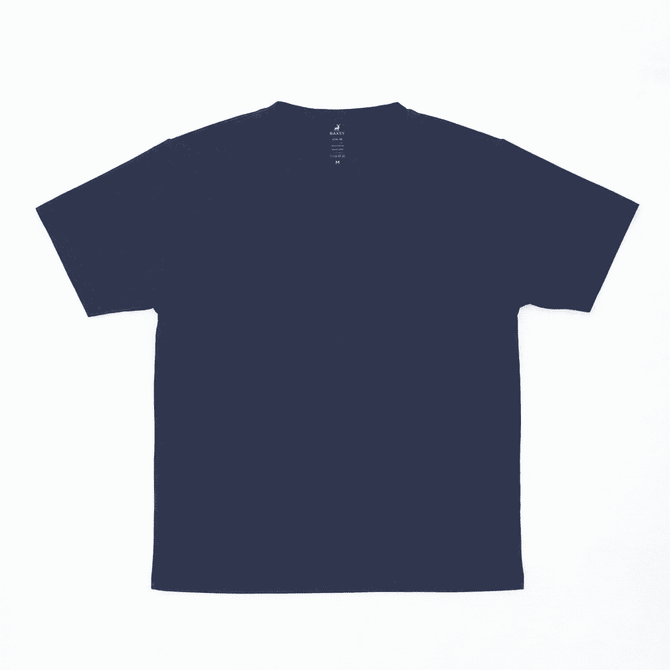 A navy blue t-shirt with a crew neckline and short sleeves, featuring a logo on the back.