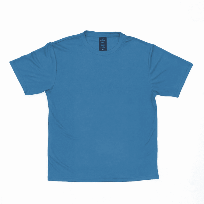 A blue Core Tee with short sleeves, featuring a label and a simple design.