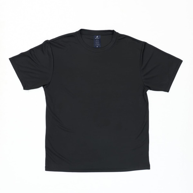 A black short-sleeved t-shirt displayed against a plain background, featuring a logo on the inside label.