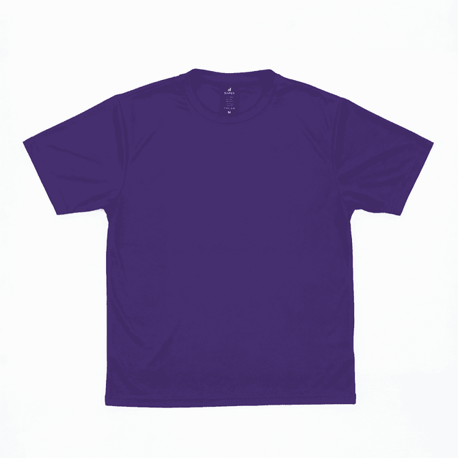A purple short-sleeved tee with a simple design and a brand logo on the label.