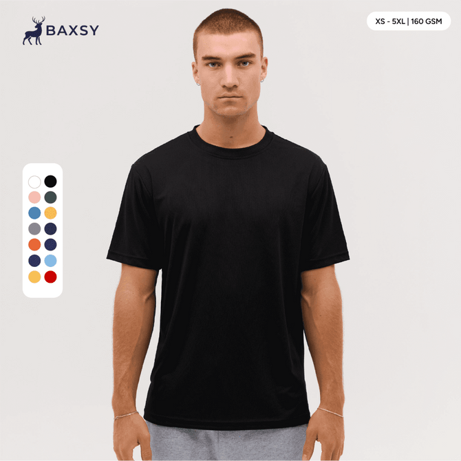 A man wearing a black t-shirt, featuring short sleeves and a relaxed fit, displayed with a colour palette alongside.