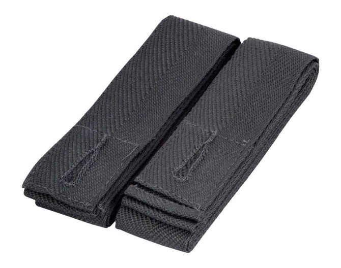 Two black changeable apron straps made of woven fabric, folded neatly. The straps have a textured surface and a logo.
