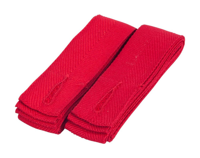 Red changeable apron straps folded neatly, featuring a textured fabric and looped ends. The image includes branding.