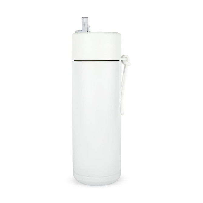 A drink bottle in white with a straw and a carry strap, featuring a simple, sleek design.