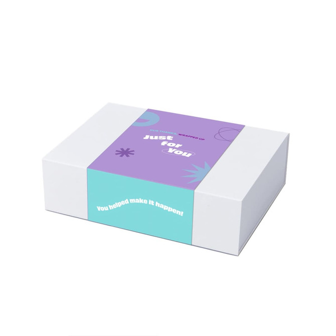 A gift box with a purple and turquoise design, featuring a logo and decorative elements.