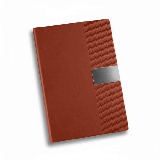 A brown A5 notebook featuring a textured design and a metallic accent, along with a branding logo.
