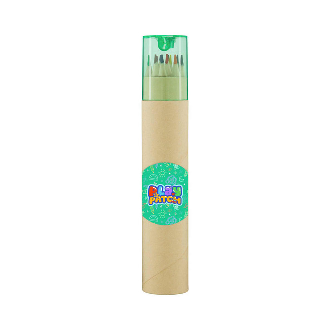 A tube containing long coloured pencils with a green lid and a cardboard base, featuring a logo.