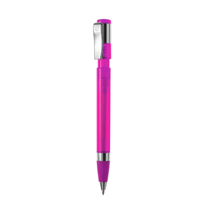 A pink plastic pen with a chrome clip and a rubber grip. It features a logo on the body.
