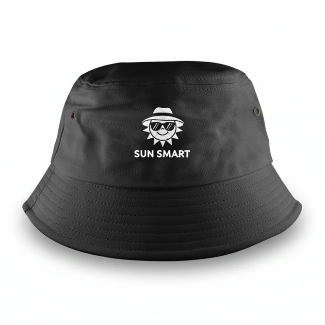 A black bucket hat featuring a logo. The hat has a wide brim and a casual design.