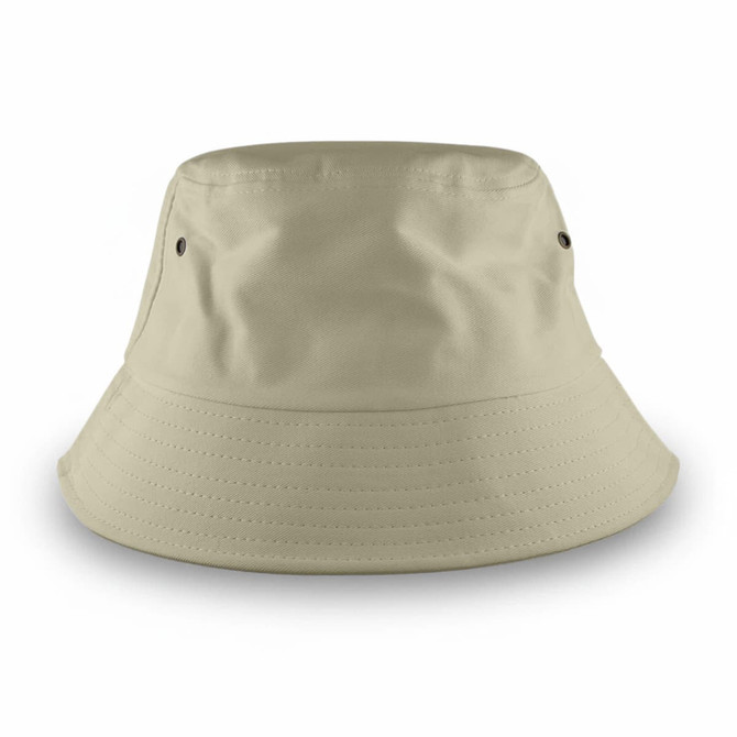 A beige bucket hat with ventilation eyelets and a wide brim. It features a logo on one side.