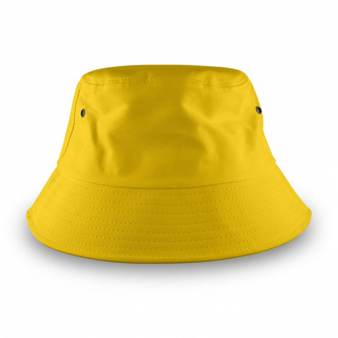 A yellow bucket hat with a wide brim and small ventilation holes, featuring a logo on the side.
