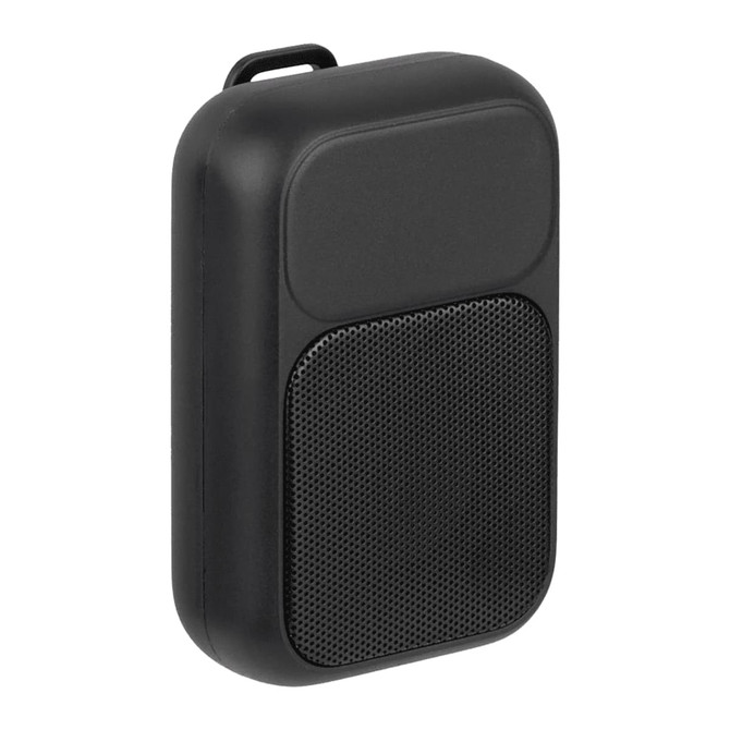 A compact black Bluetooth speaker with a textured grille and a handle for portability, features a logo on the side.