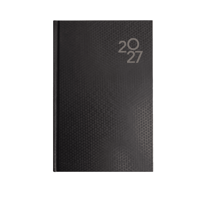 A black A5 diary featuring a textured design and the year "2027" prominently displayed. It includes a logo.