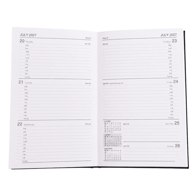 A weekly diary featuring a clean layout with dates, lines for notes, and a calendar section, in a simple design.