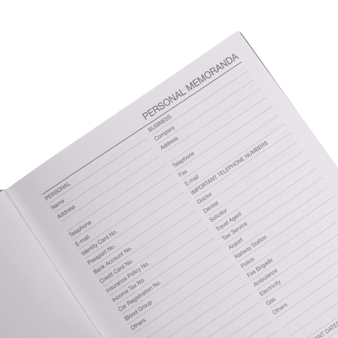 An A5 diary with blank personal memoranda pages for notes and contact details, featuring a soft cover.