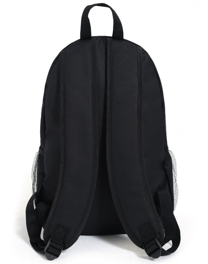 A black backpack with padded straps and mesh side pockets, featuring a sleek, minimalist design.