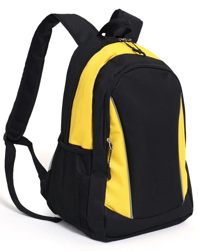 A black and yellow backpack with a zipper, side mesh pockets, and adjustable shoulder straps. It features a logo.
