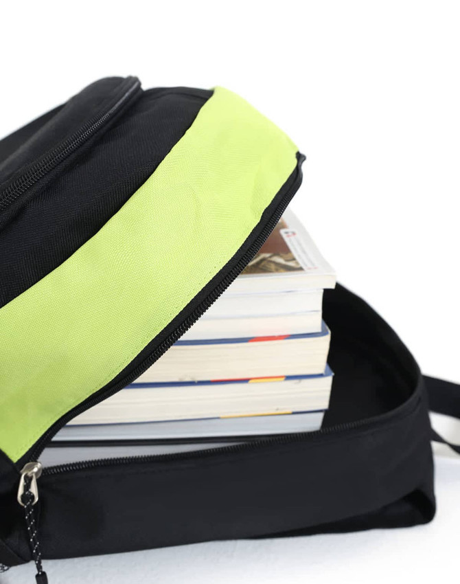 A black backpack with a bright lime green accent, partially unzipped, revealing stacked books inside.