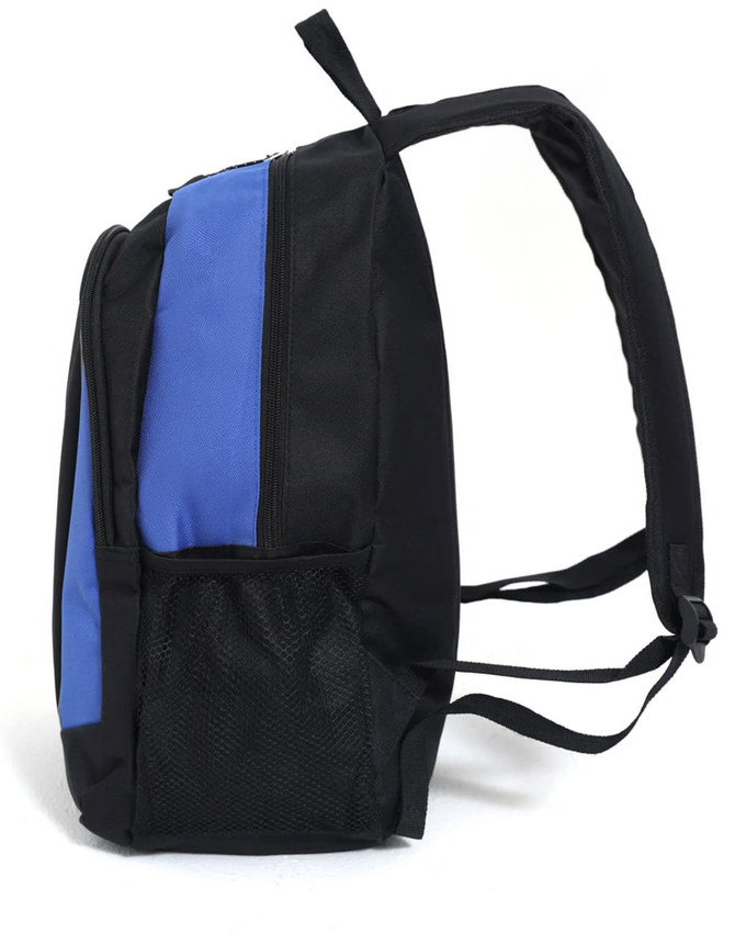 A black and blue backpack with a side mesh pocket and padded shoulder straps. Features a logo on the front.