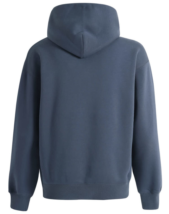 A navy blue unisex premium fleece oversized hoodie with a hood and long sleeves. It features a branding logo.