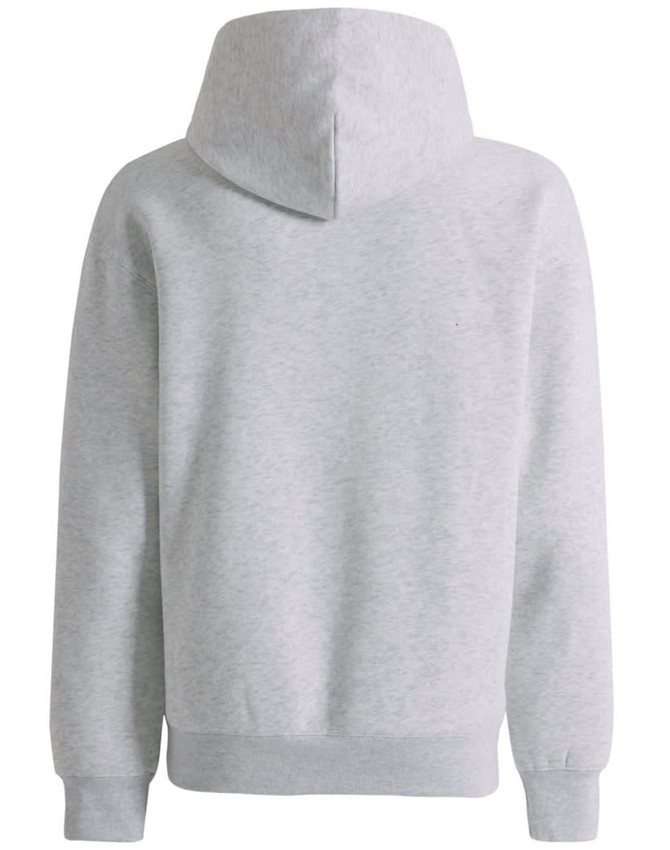 A grey unisex premium fleece oversized hoodie with a hood and ribbed cuffs. The back view shows its relaxed fit and softness.